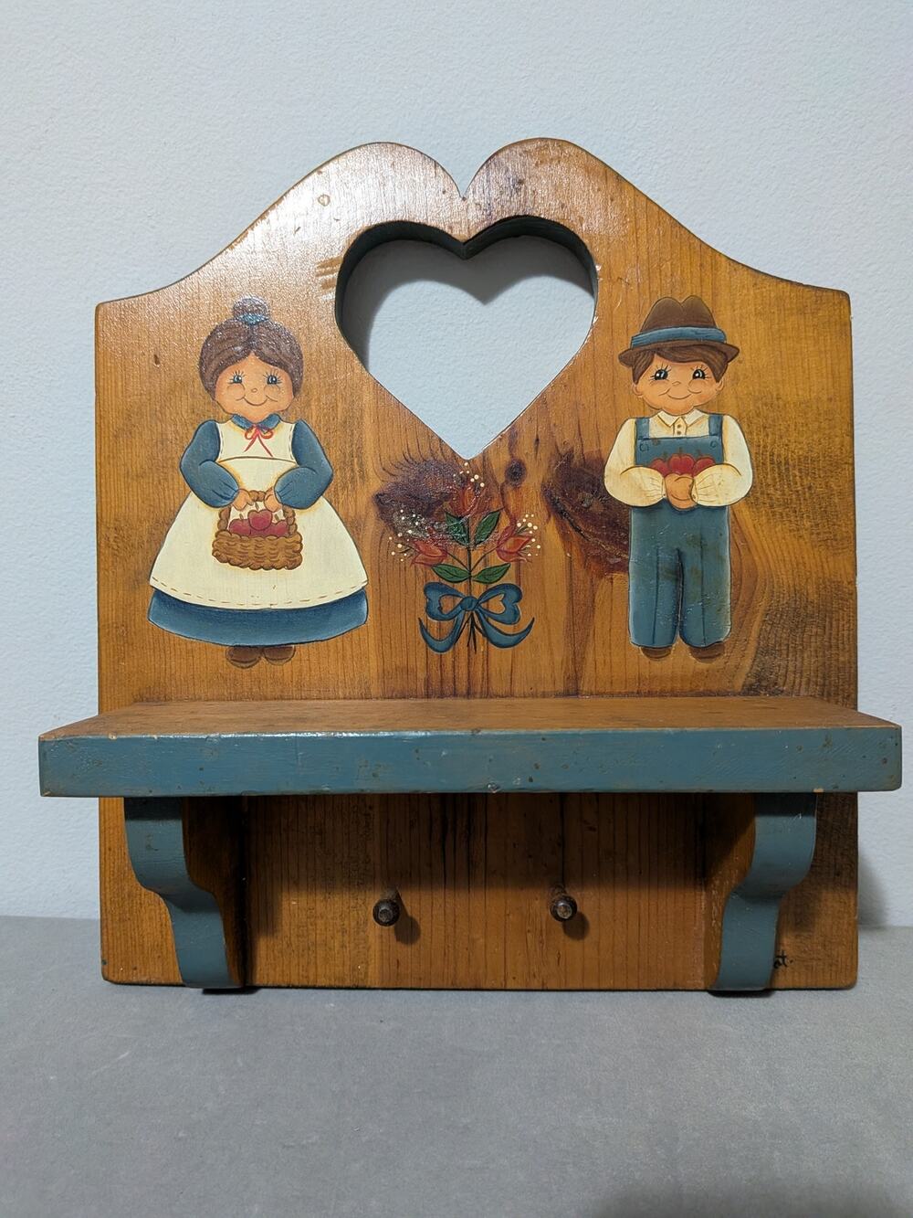 Vintage 1980s Wooden Heart Shelf Wall Hanging Hand Painted Country Folk Art Pegs